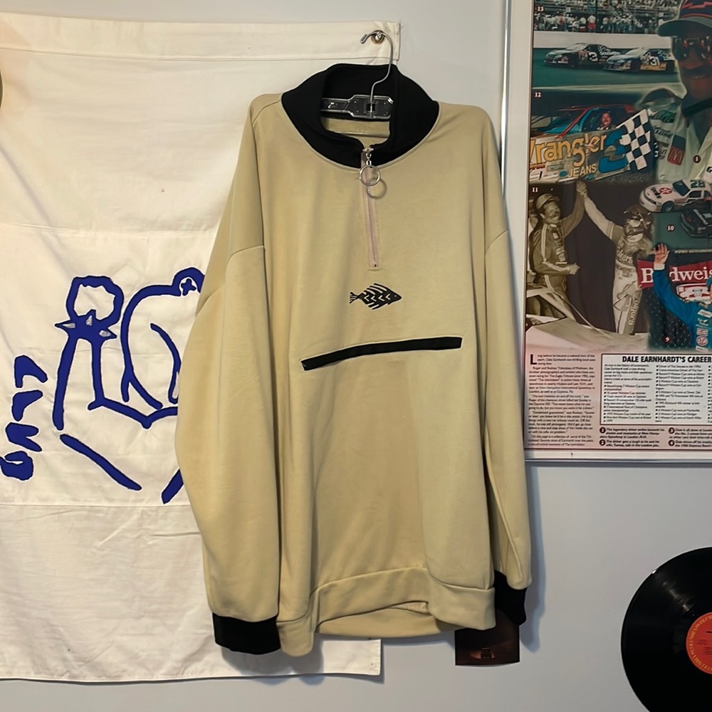 Tan Quarter Zip, polyester.
